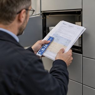 Wizualizacja koncepcyjna: Automat skrytkowy przy instytucji publicznej — geodezja i gospodarka nieruchomościami.