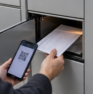 Wizualizacja koncepcyjna: Automat skrytkowy przy instytucji publicznej — odbiór przez pełnomocnika.